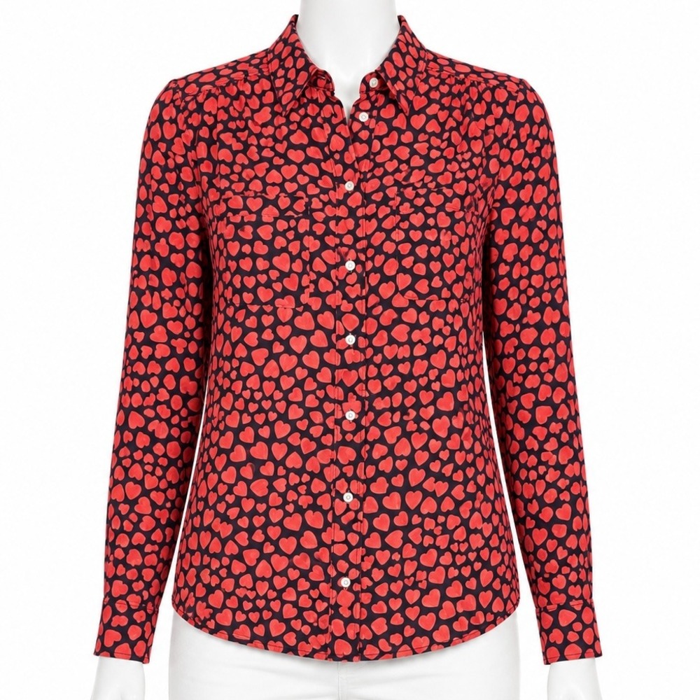 J.Crew‎ Button Down Shirt Womens XXS Red Navy Heart Print 100% Silk Long Sleeve